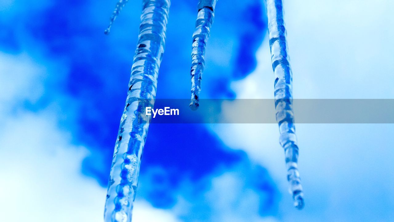 Close-up of icicles against blue sky