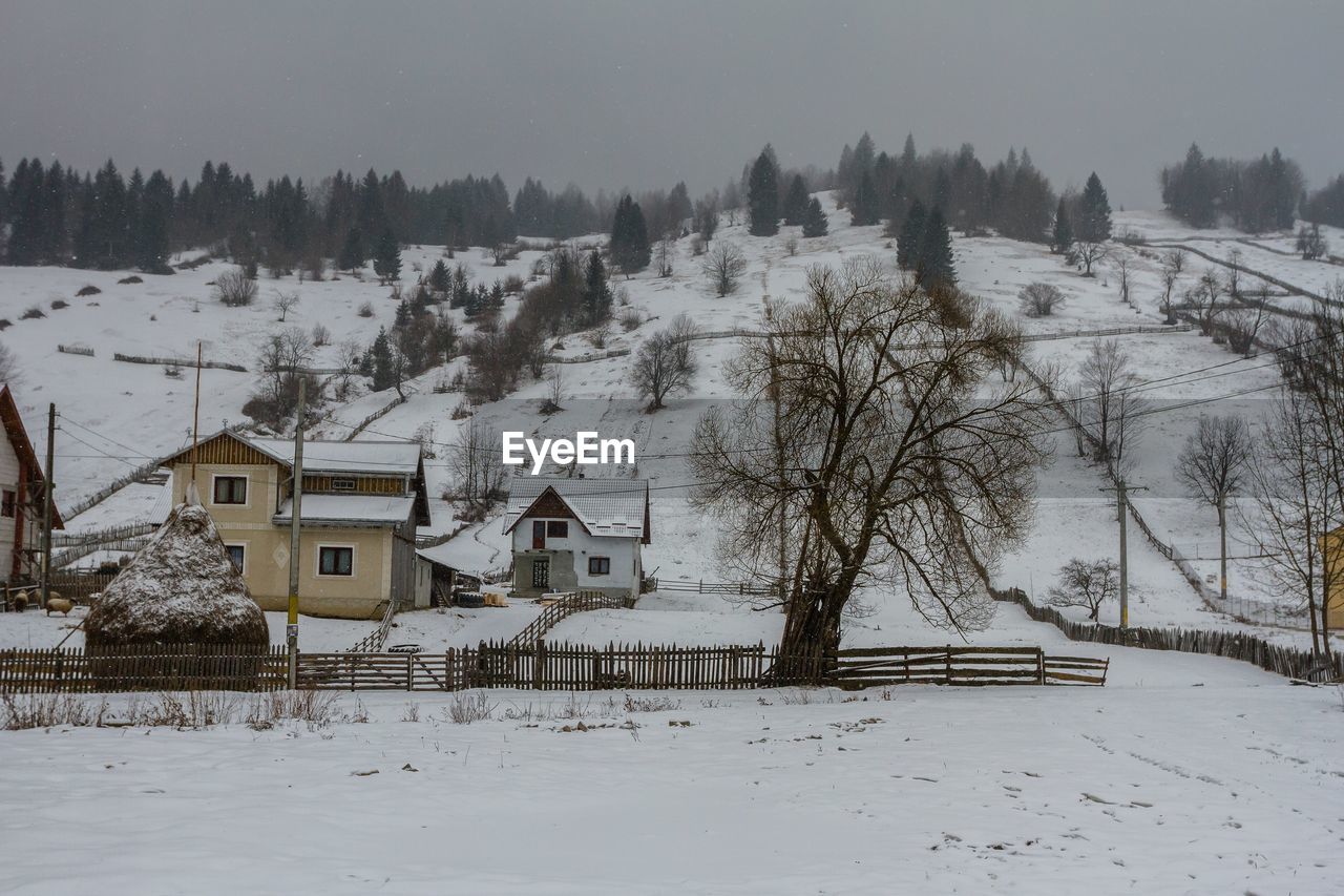 Houses on snow covered landscape