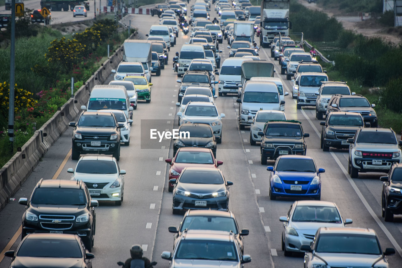 High angle view of cars on street in city