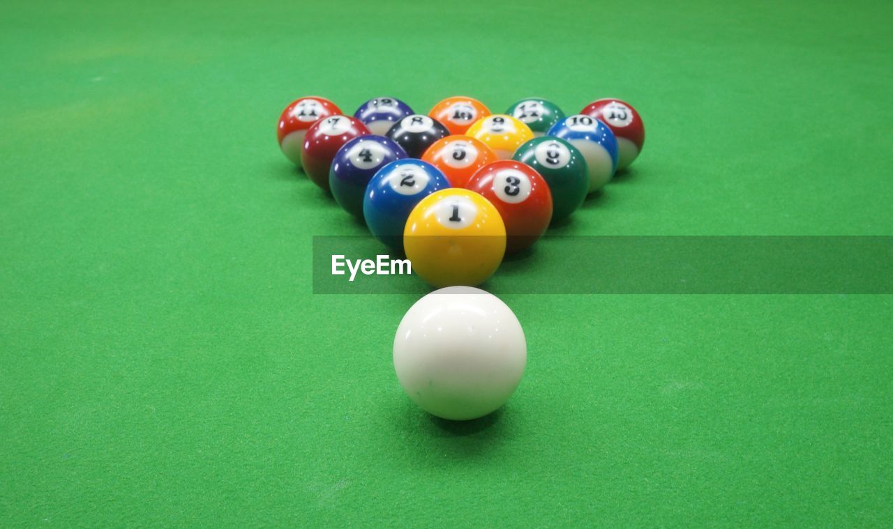 High angle view of snooker balls on table