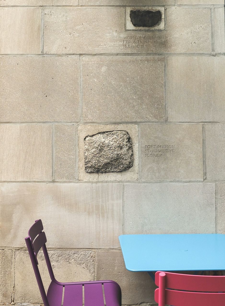 Chairs and table against wall