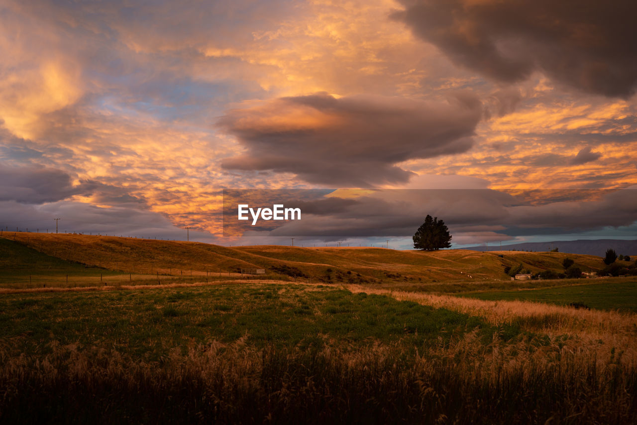 SCENIC VIEW OF FARM AGAINST SKY DURING SUNSET