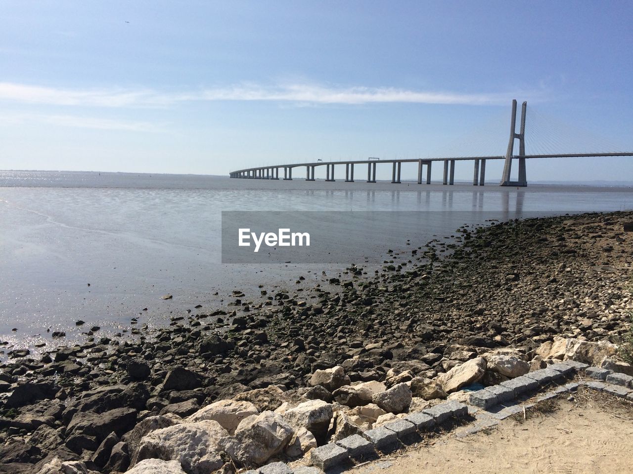 Scenic view of vasco da gama bridge over tagus river