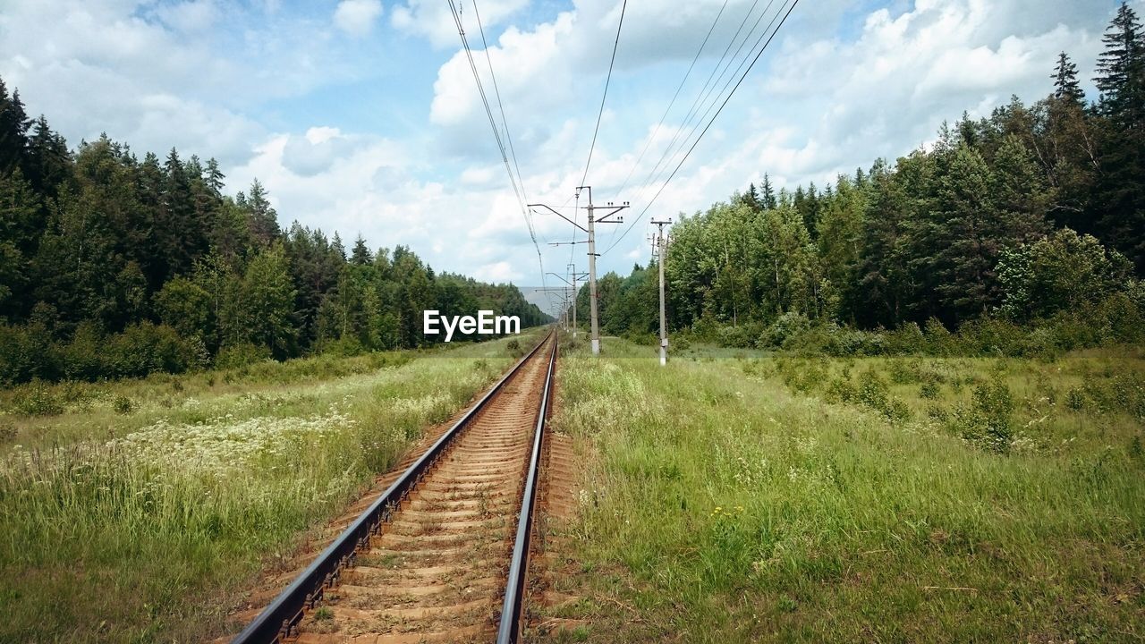 Railroad tracks by trees against sky