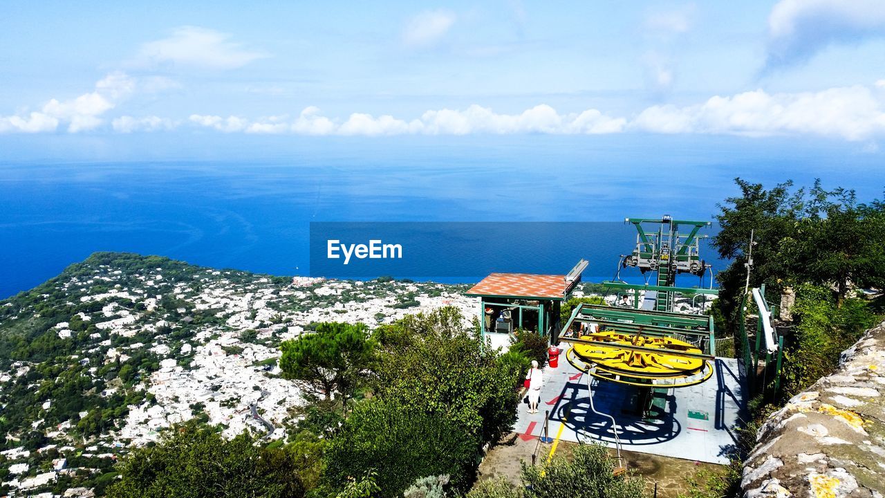 HIGH ANGLE VIEW OF TREES AND SEA AGAINST SKY