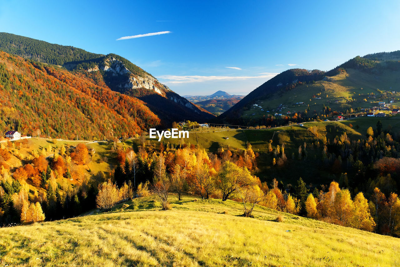 Scenic view of trees and mountains against blue sky during autumn