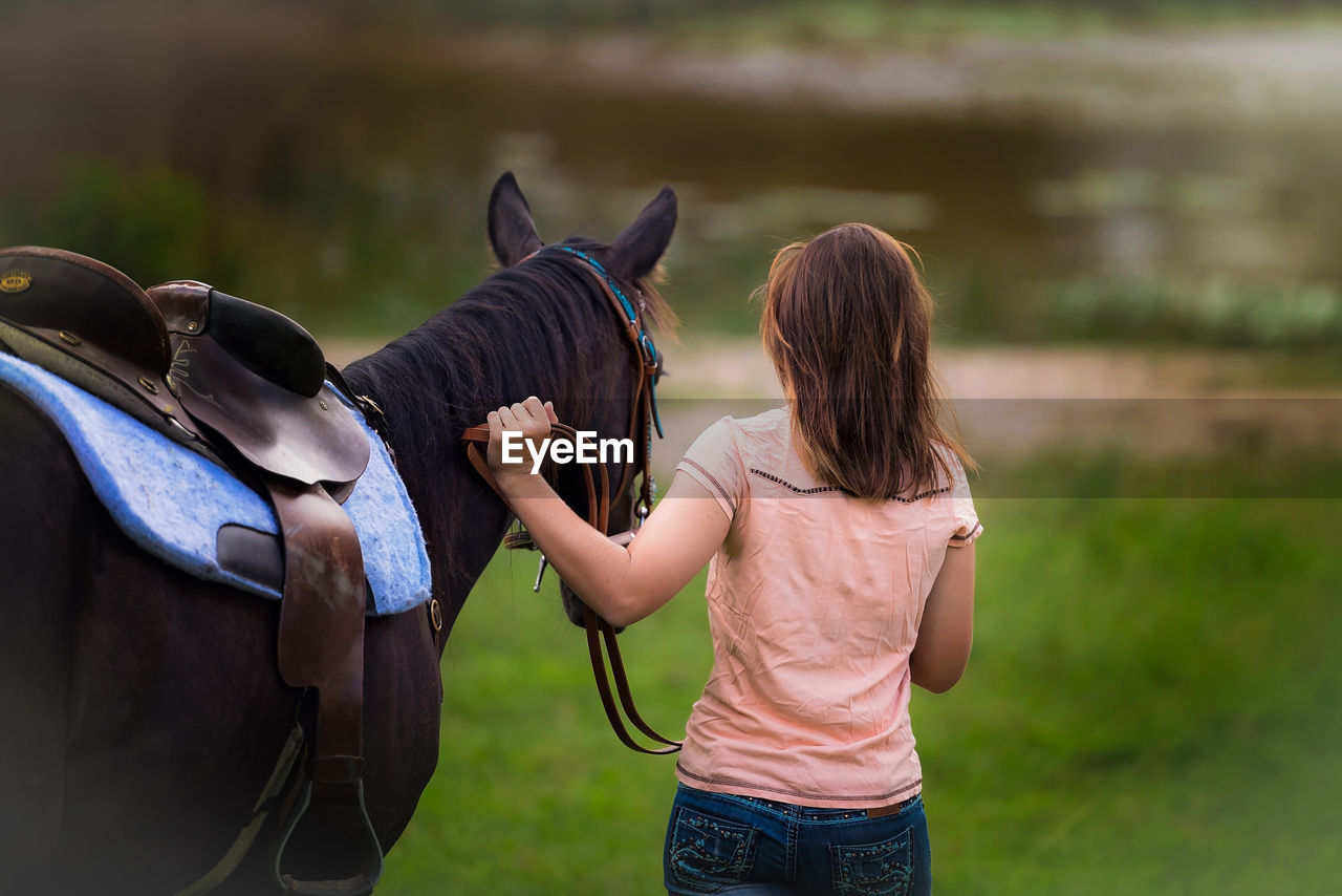 Rear view of woman with horse