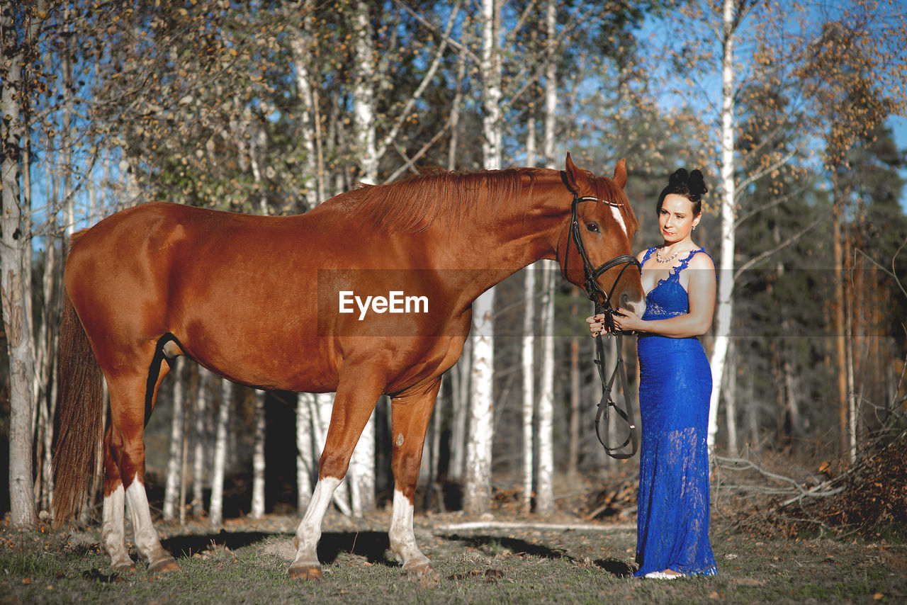 Woman standing by horse at forest