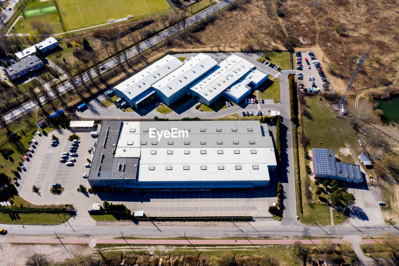 Distribution logistics buildings and industrial area - aerial view