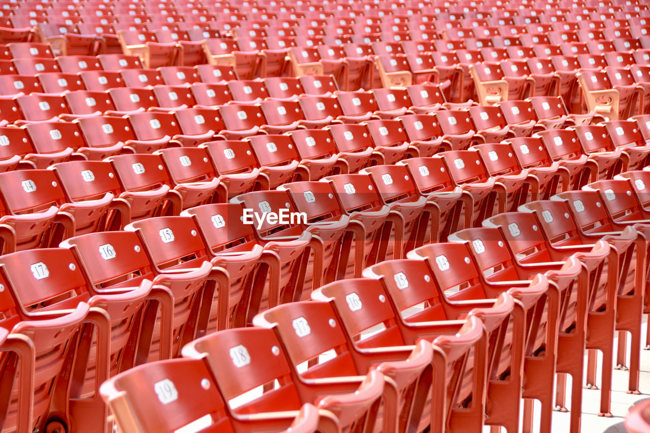Full frame shot of empty chairs in statium