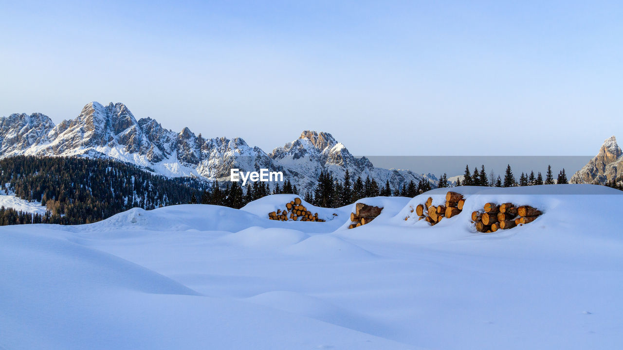 Scenic view of snow covered mountains against sky