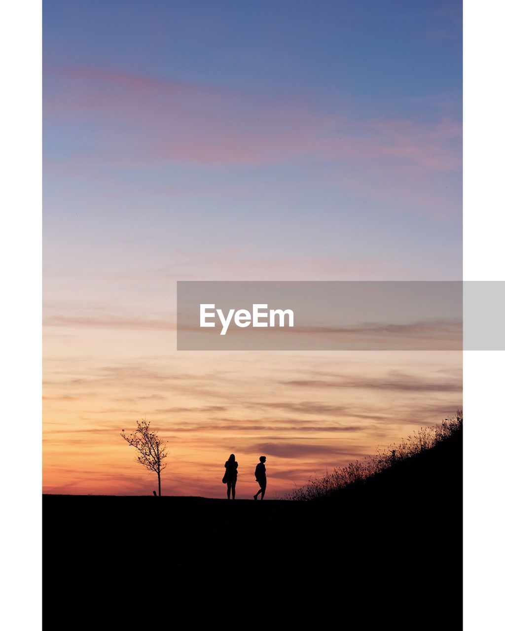 Silhouette couple standing on land against sky during sunset