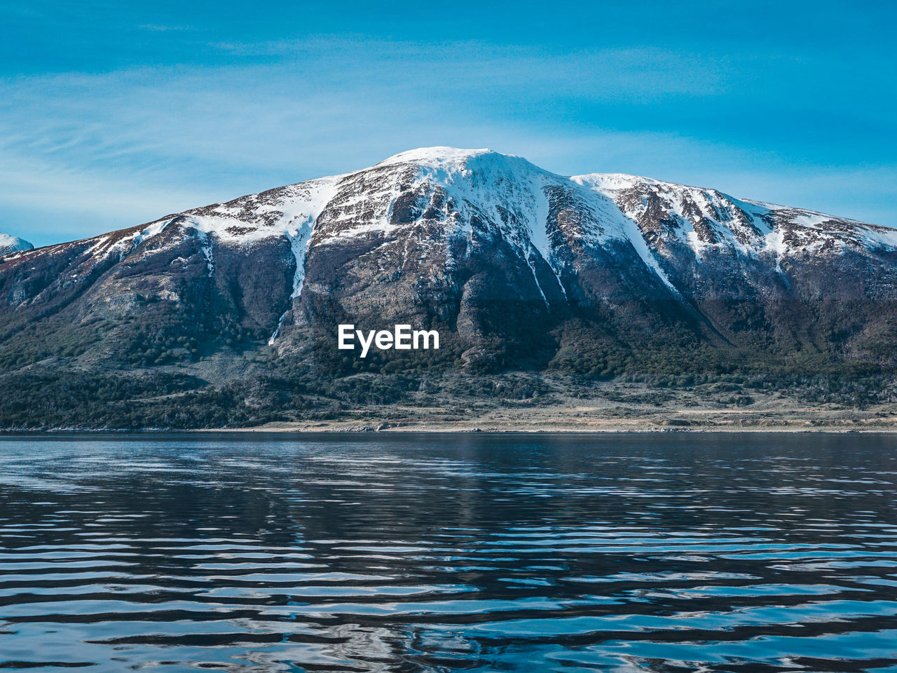 Scenic view of lake and snowcapped mountains against sky