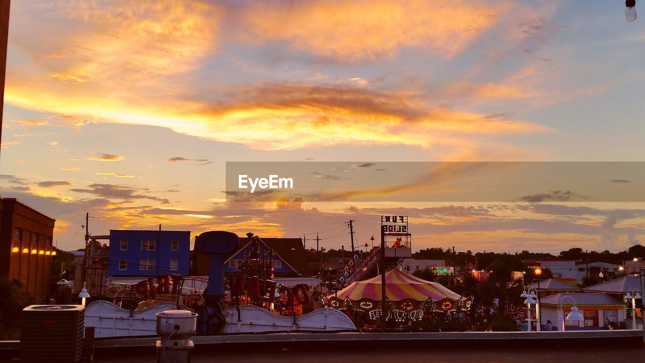 High angle view of built structures against scenic sky