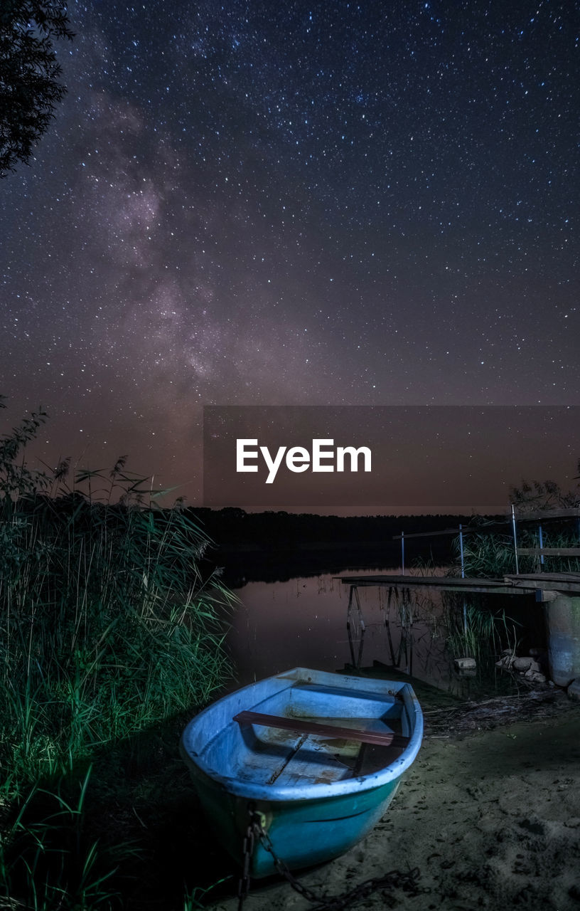 BOATS MOORED ON SHORE AGAINST SKY