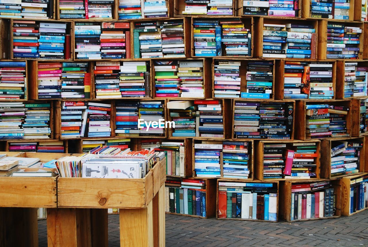 Stack of books in library