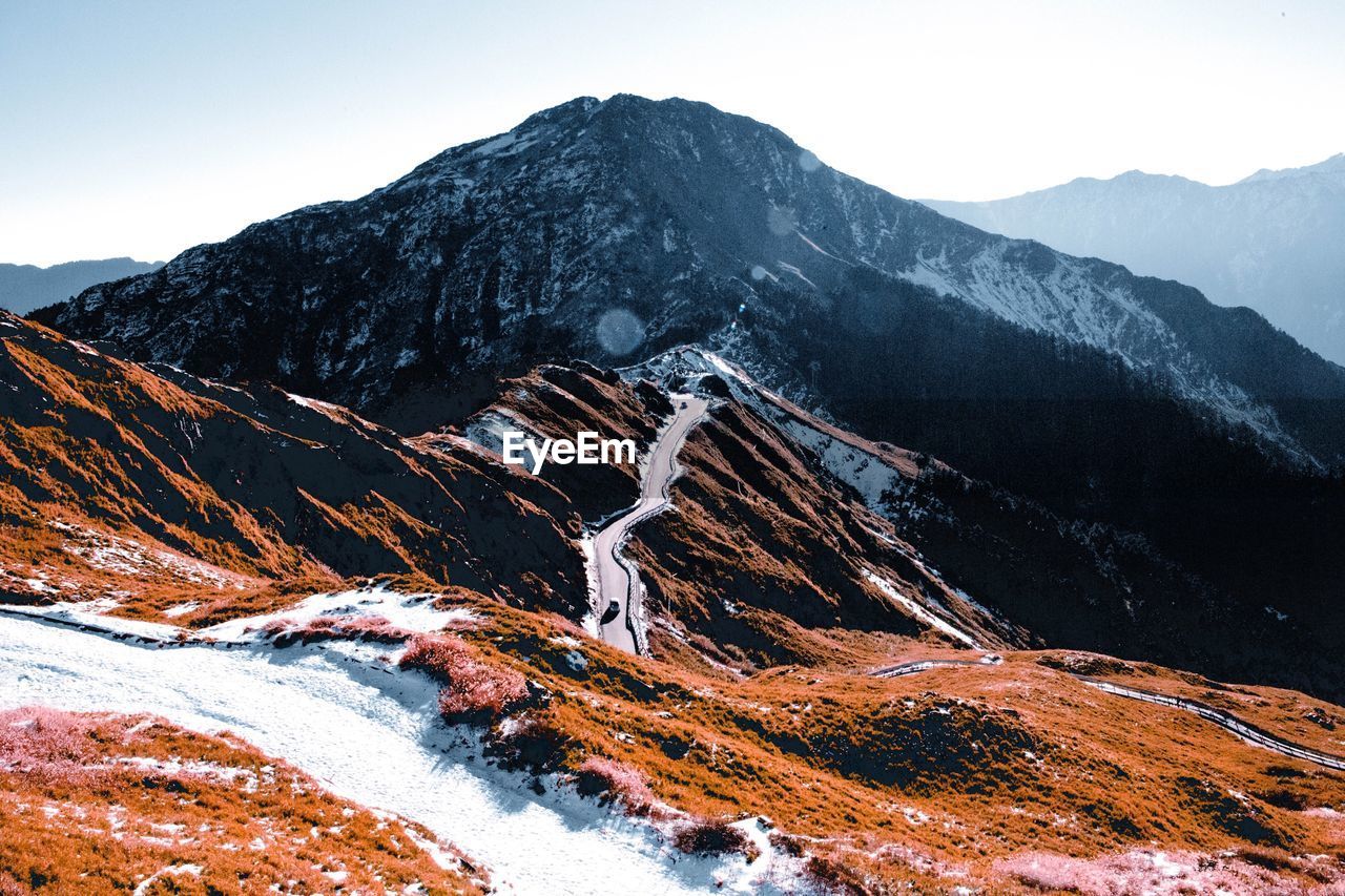 High angle view of mountain range against sky