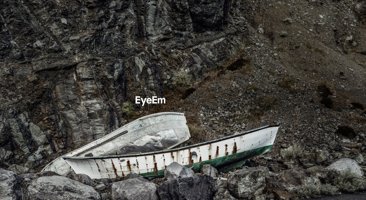 High angle view of abandoned boat on shore