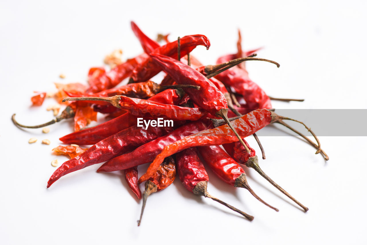 CLOSE-UP OF RED CHILI PEPPERS IN PLATE