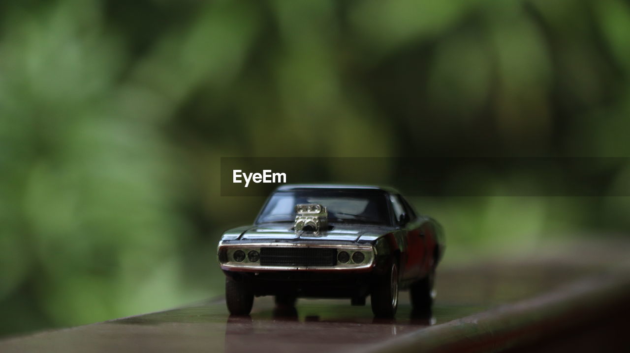 A black die cast toy car on a greenery background.