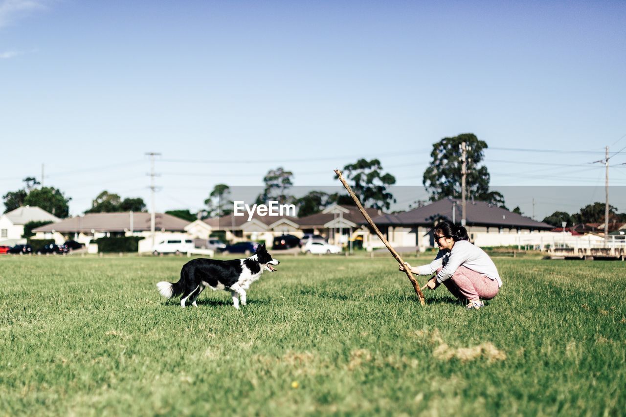 Woman playing with dog on field against clear sky