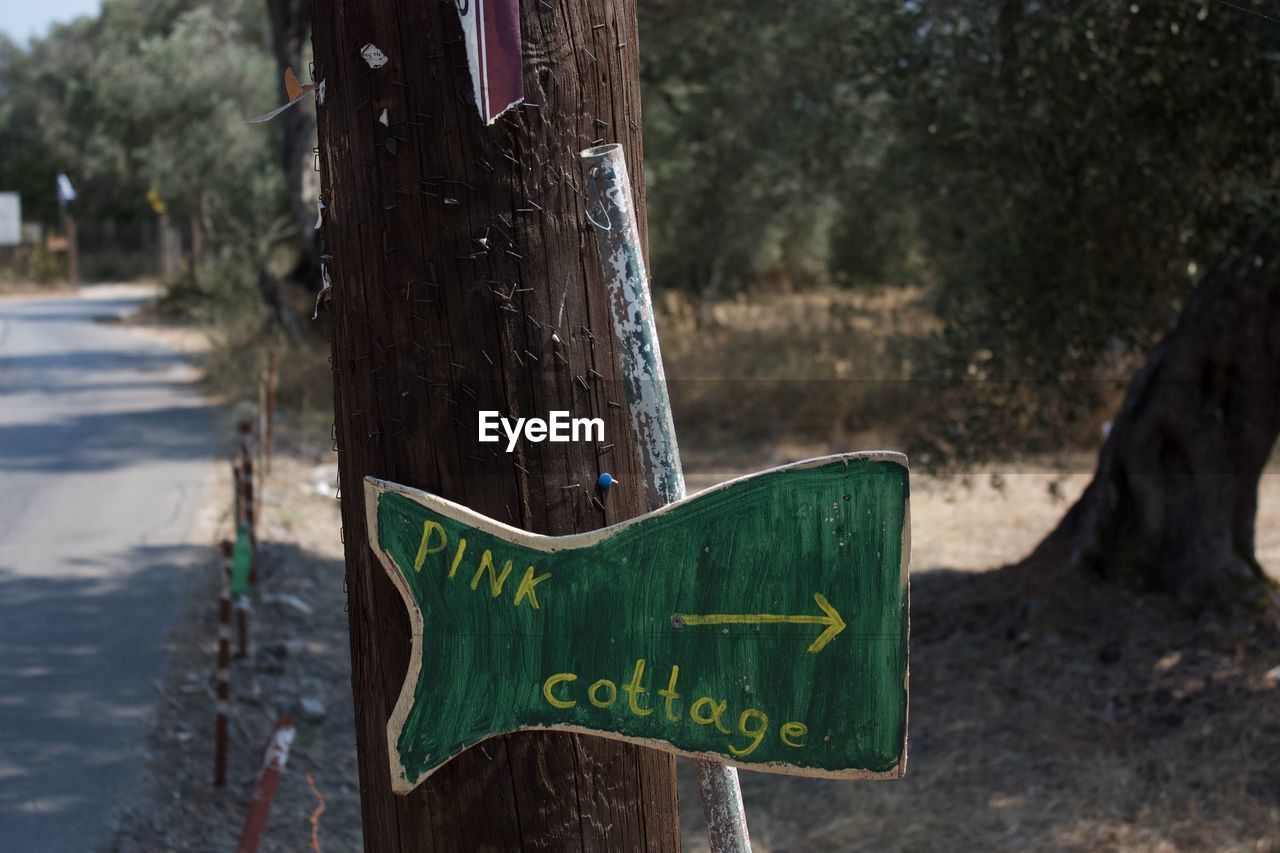 tree, text, tree trunk, sign, green, communication, trunk, nature, plant, focus on foreground, western script, no people, day, road, outdoors, information sign, road sign, guidance, symbol