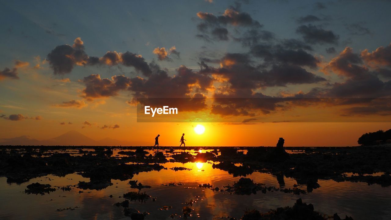 Silhouette of boys exploring beach