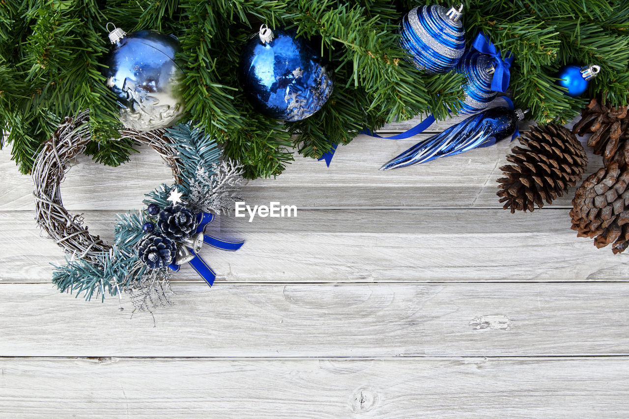 Directly above shot of christmas decorations on table