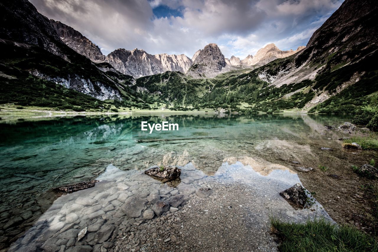 Scenic view of lake against cloudy sky