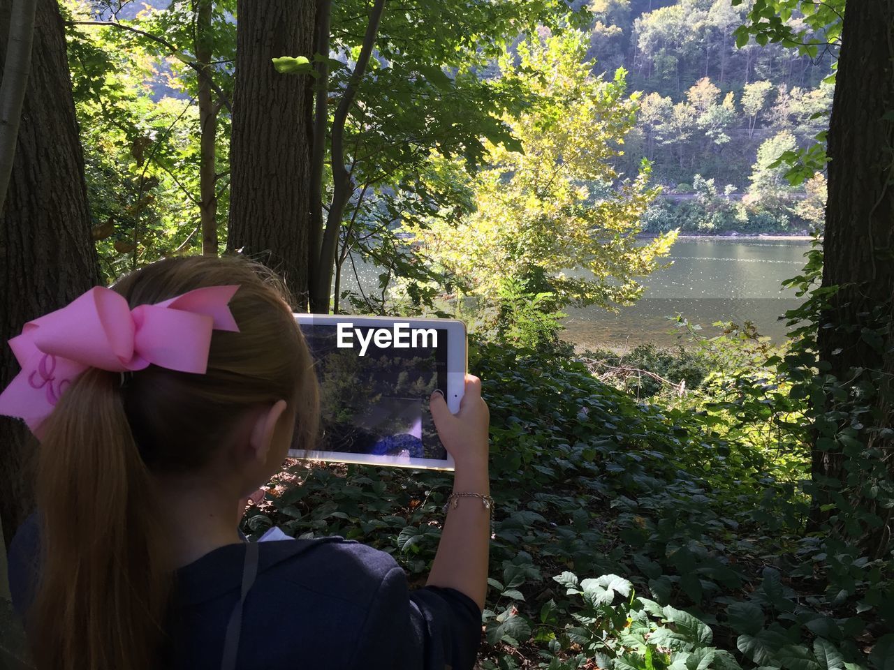 WOMAN USING SMART PHONE WHILE STANDING ON TREE