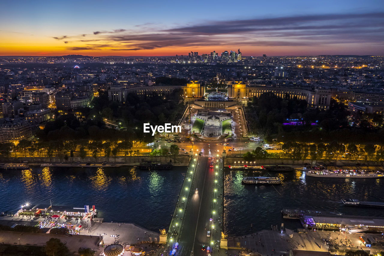 Aerial view of trocadero and the seine river in paris at sunset