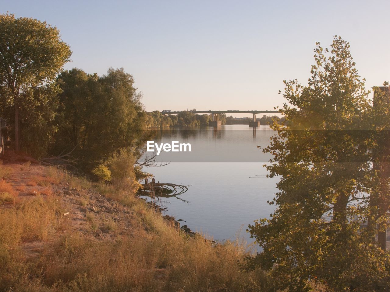 Scenic view of lake against clear sky