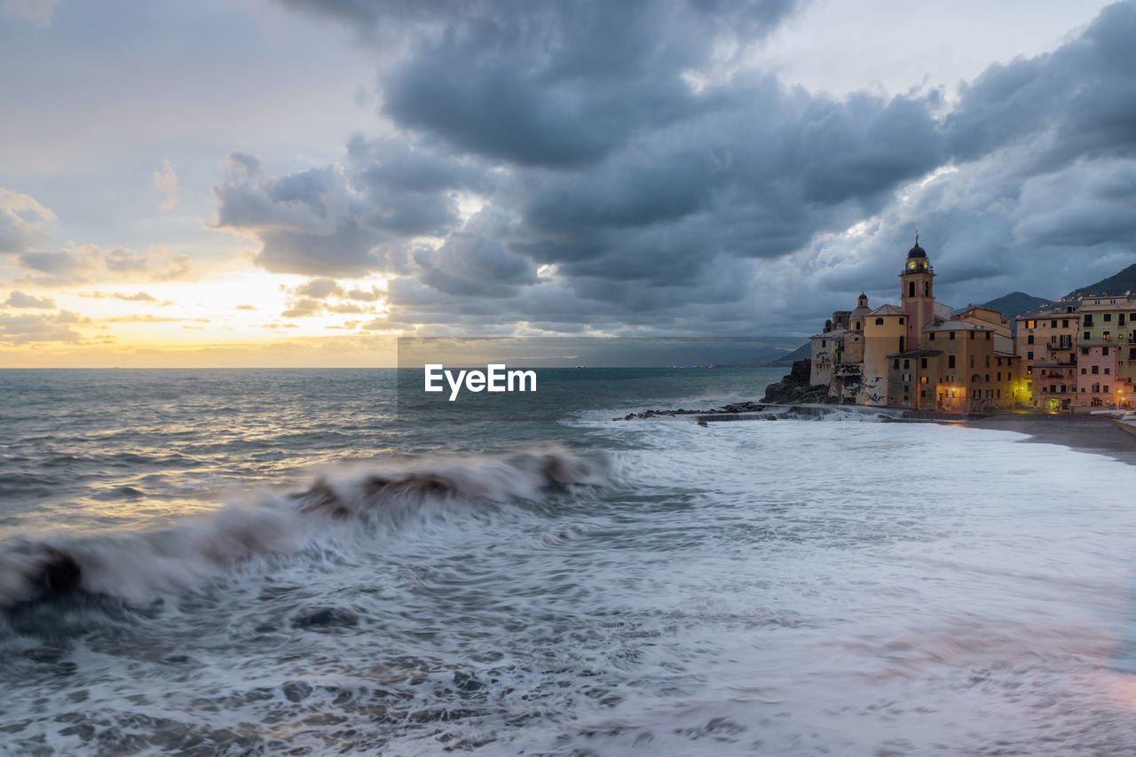 Scenic view of sea against sky during sunset, camogli, italy