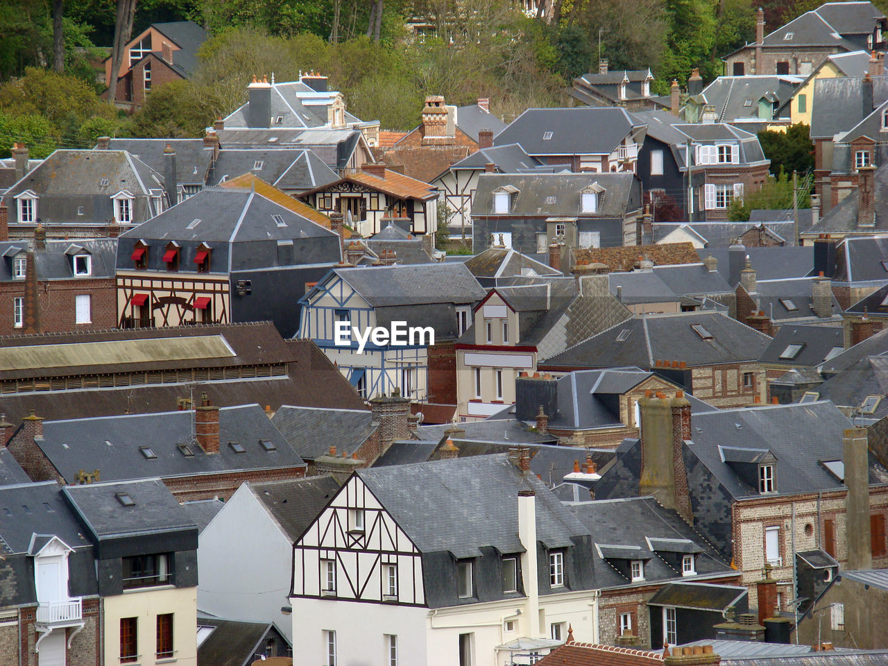High angle view of buildings in town