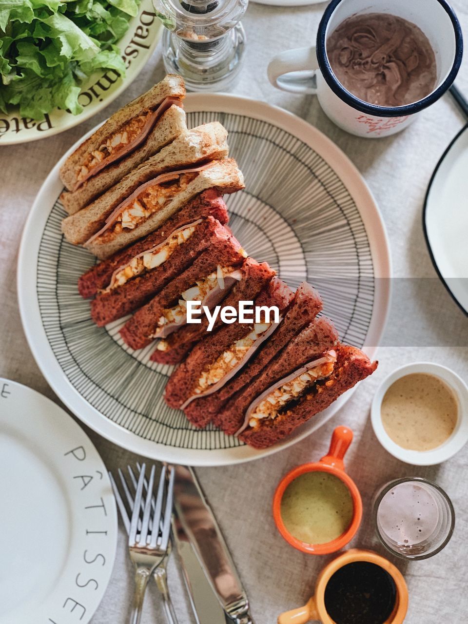 High angle view of breakfast served on table