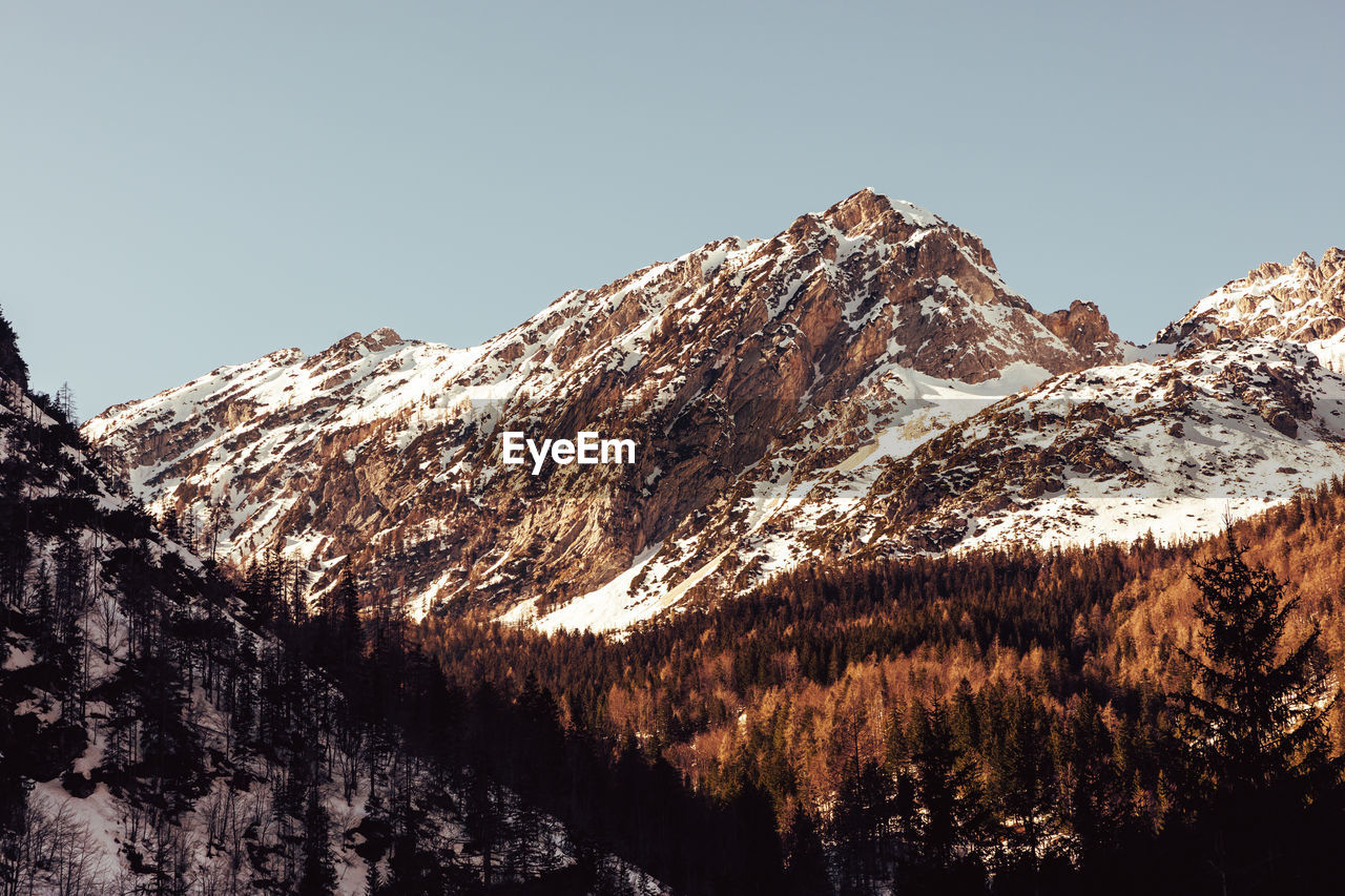 View of the snow covered mountain in slovenian alps near kranjska gora, against clear sky