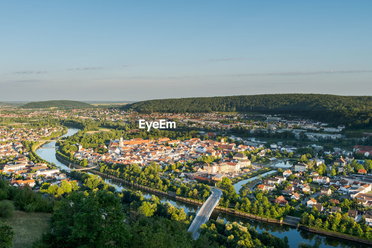 High angle view of townscape against sky