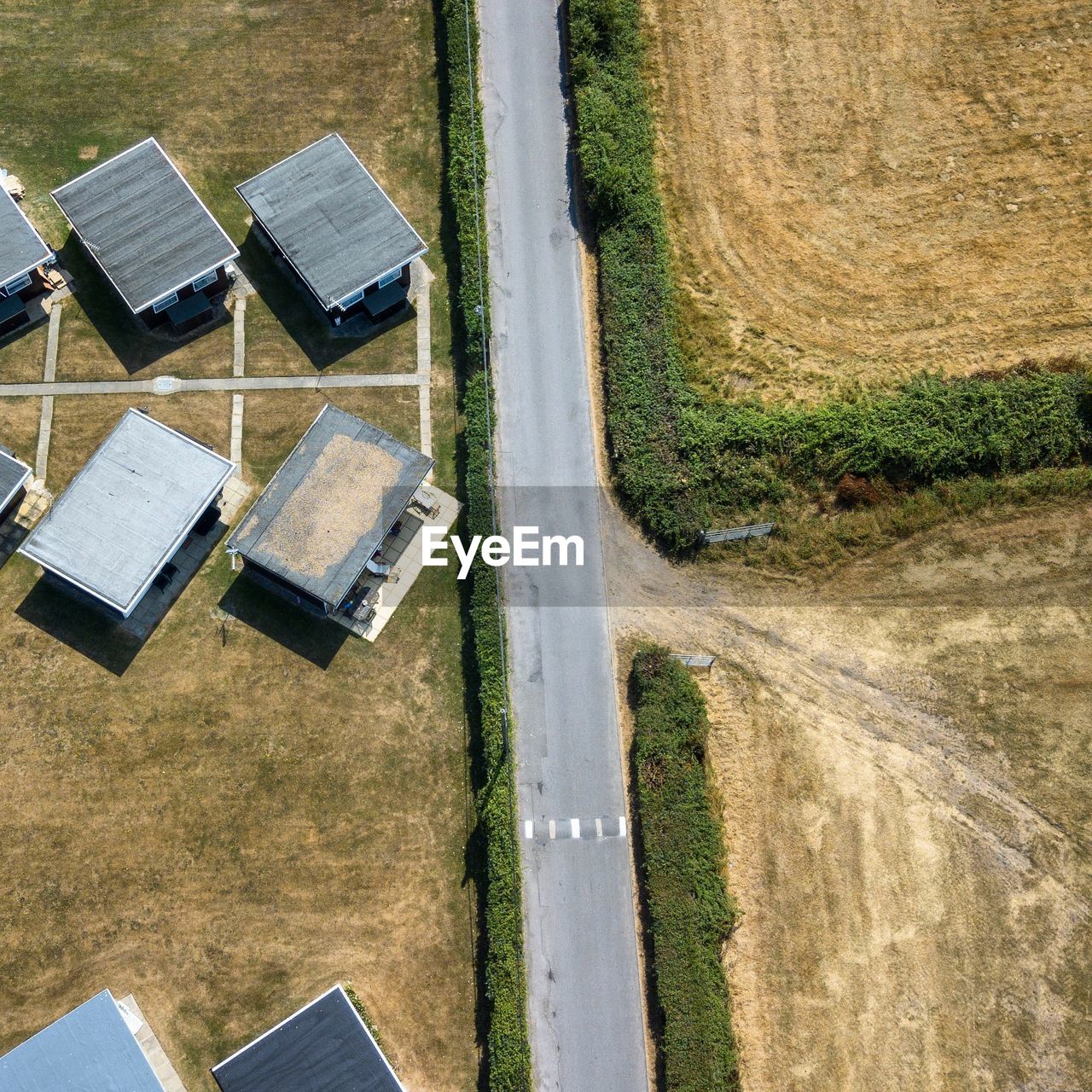 High angle view of road amidst field