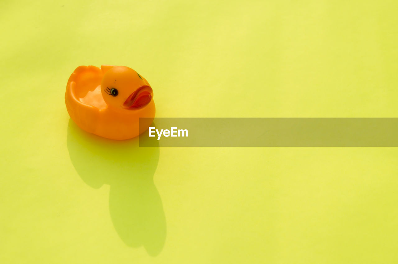 CLOSE-UP OF YELLOW TOY OVER WHITE BACKGROUND