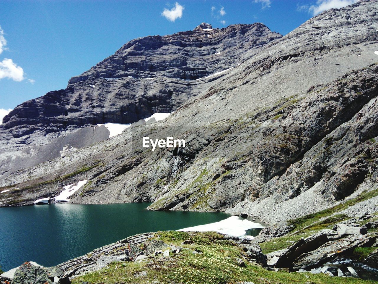 Scenic view of lake and mountains against sky