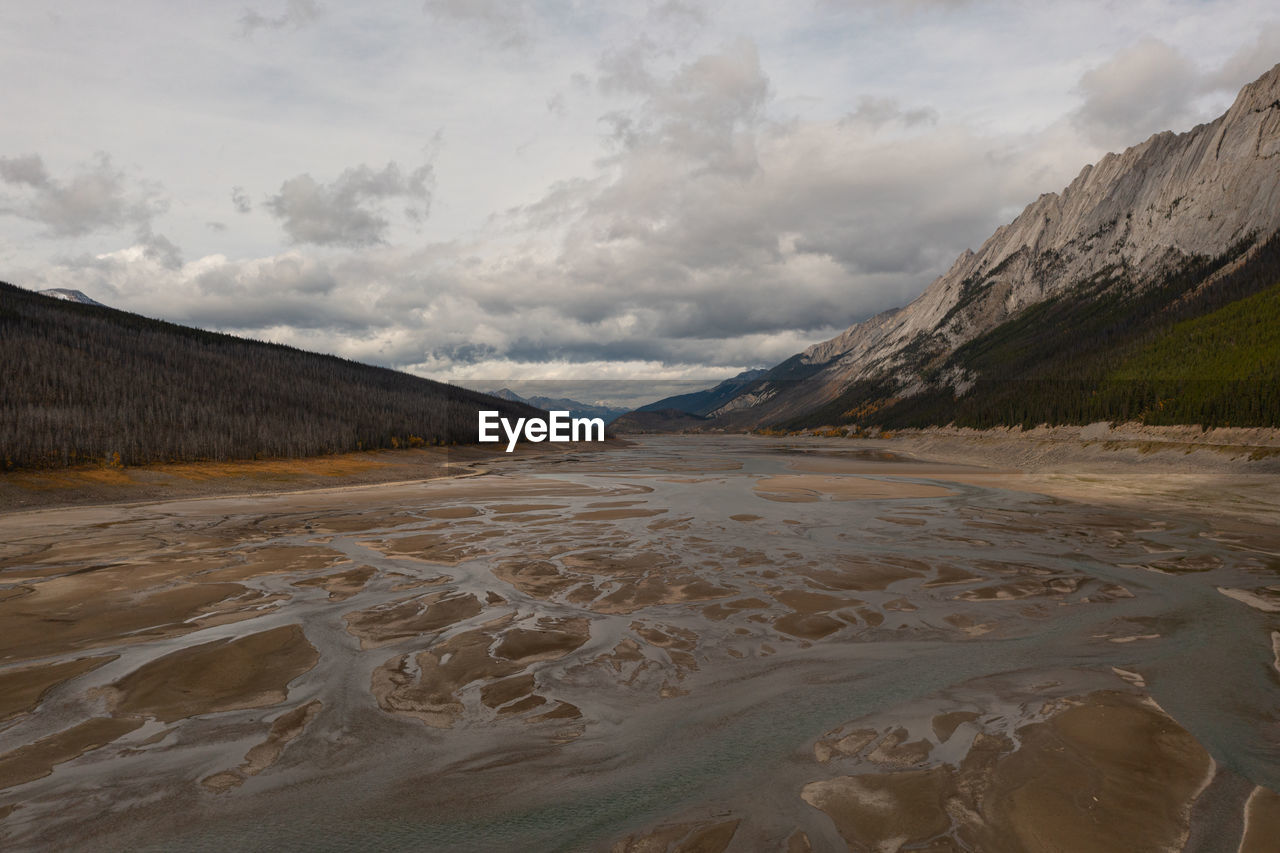 Aerial view of medicine lake in which different streams form, in the canadian rockies.