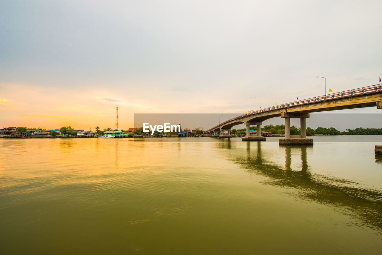 VIEW OF BRIDGE OVER RIVER AGAINST SKY DURING SUNSET