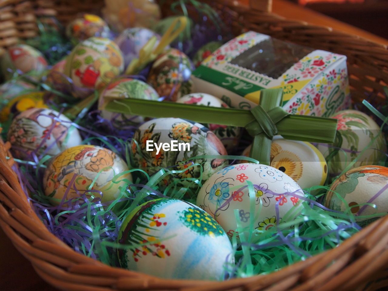 High angle view of painted easter eggs in basket