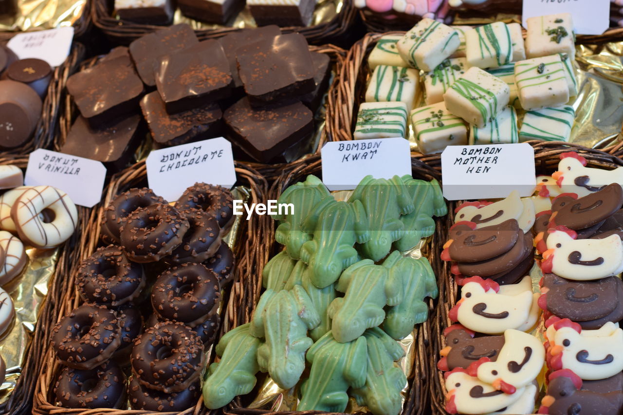High angle view of various sweets displayed at store
