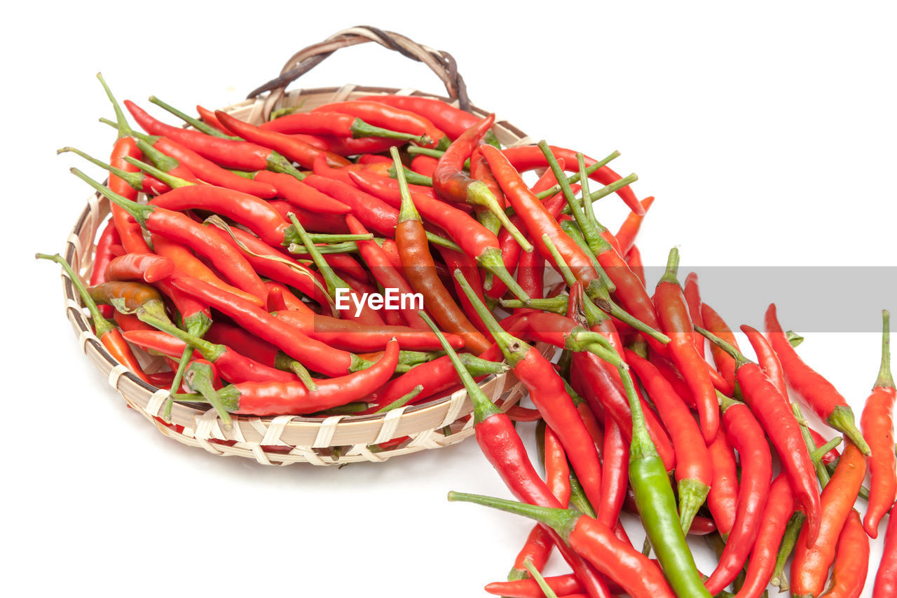 Close-up of red chili peppers against white background