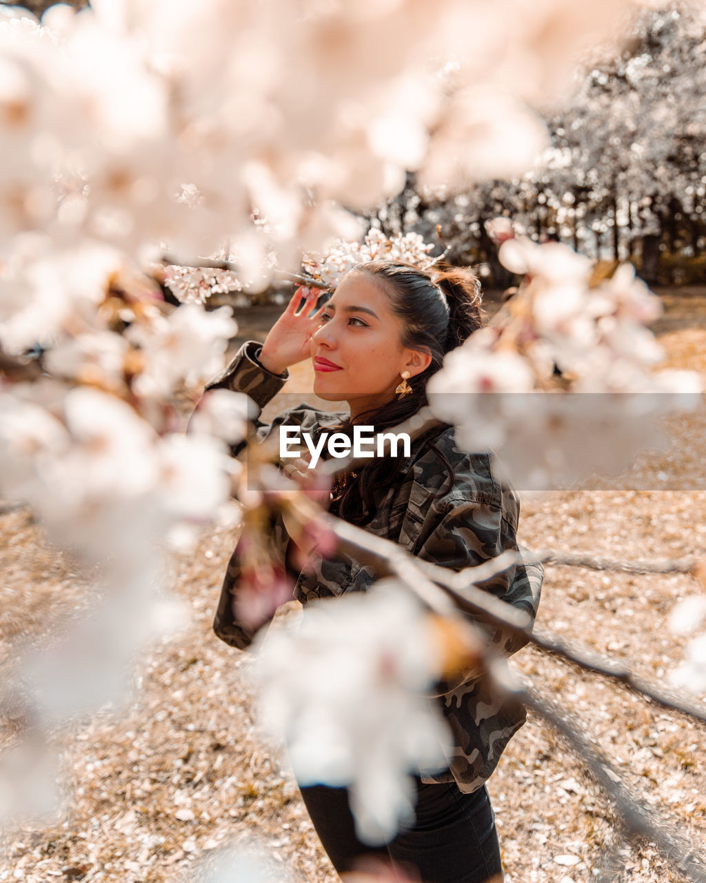 Smiling young woman looking away while standing by cherry blossom tree during winter