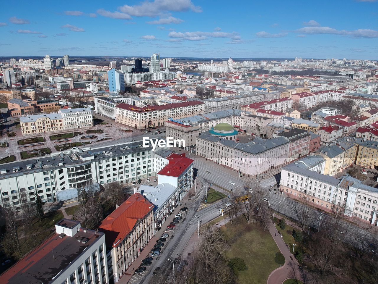 High angle view of street amidst buildings in city