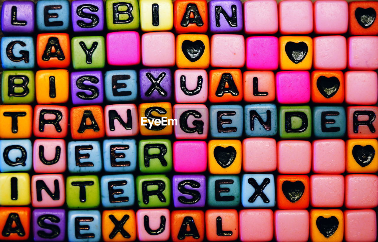 Full frame shot of colorful toy blocks with text