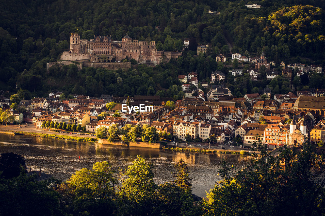 High angle view of  heidelberg old town during sunrise