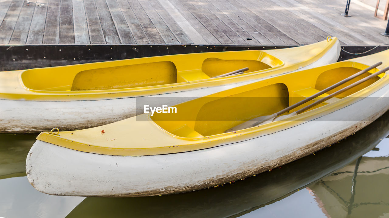 High angle view of boats moored on lake